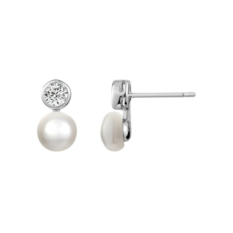 Sterling Silver Bezel Cubic Zirconia & Genuine Pearl Drop Earrings sold by Charming Charlie