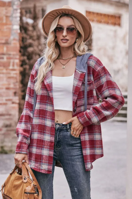 Plaid Dropped Shoulder Hooded Longline Jacket sold by Charming Charlie