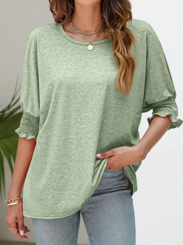Smocked Flounce Sleeve Round Neck T-Shirt sold by Charming Charlie