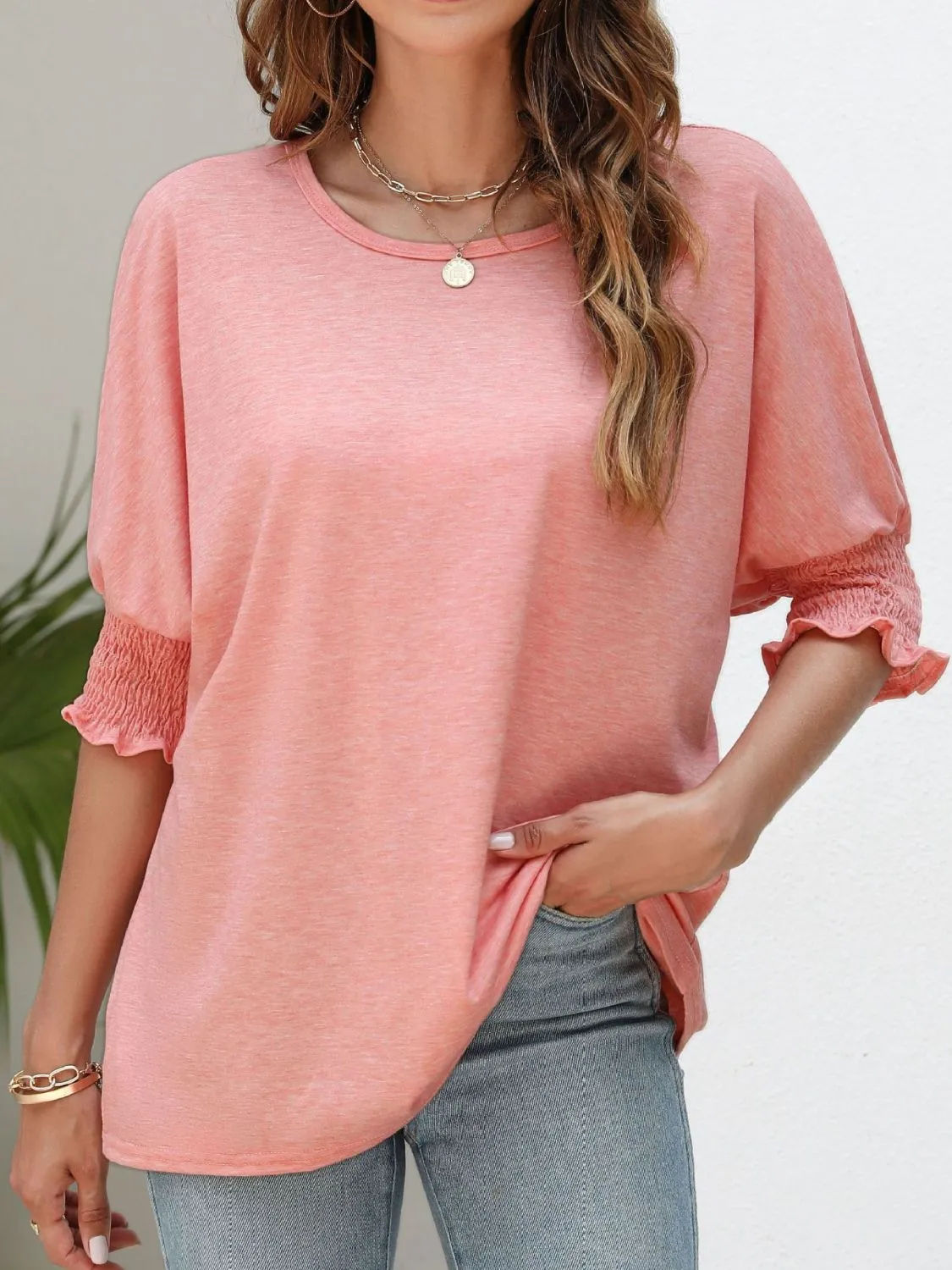 Smocked Flounce Sleeve Round Neck T-Shirt sold by Charming Charlie product image thumbnail 5