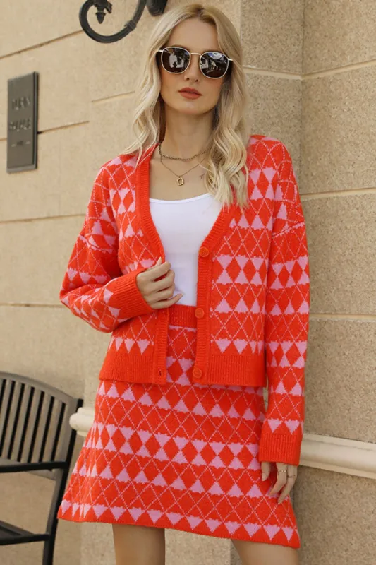 Geometric Dropped Shoulder Cardigan and Knit Skirt Set sold by Charming Charlie