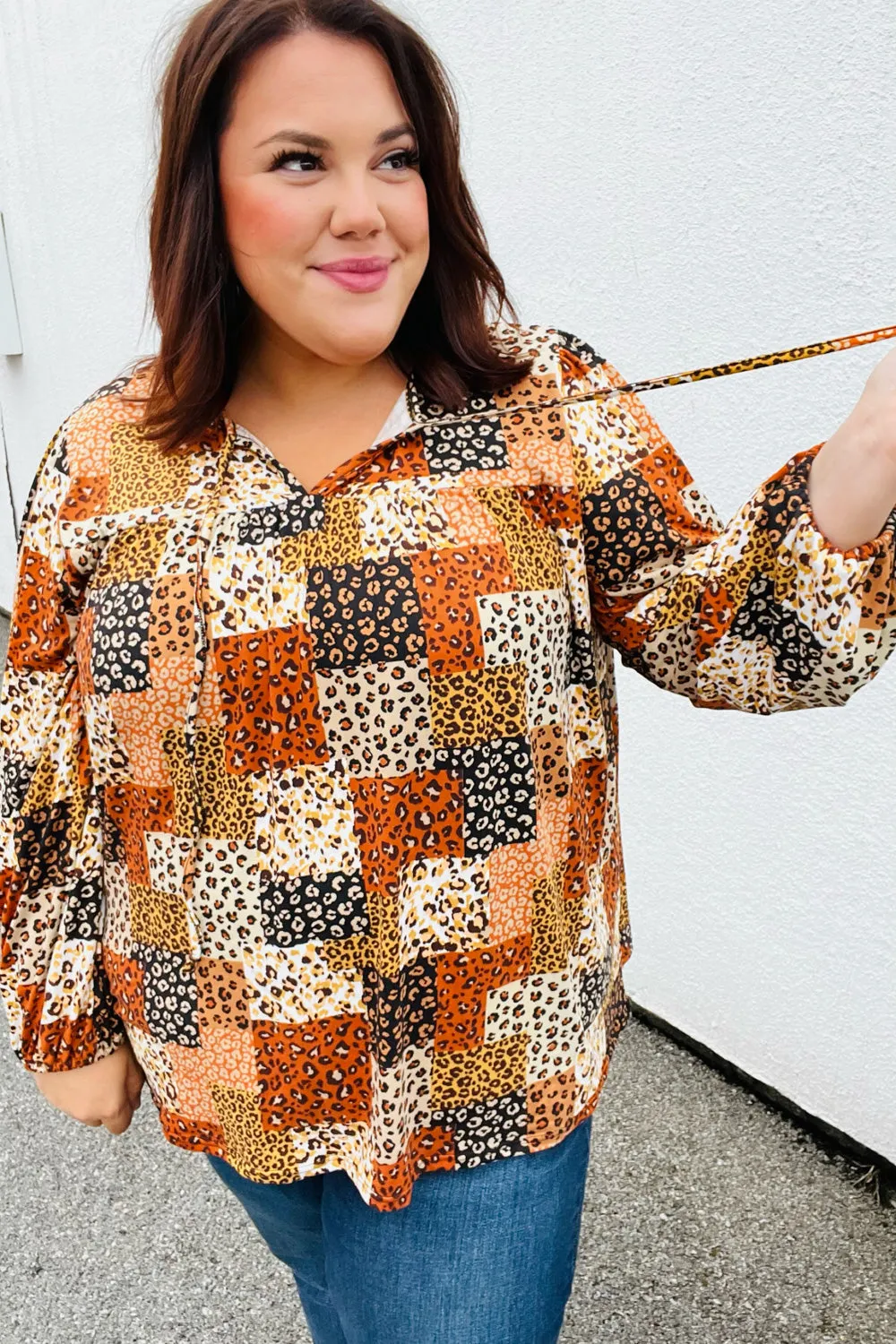Rust & Taupe Multi Leopard Patchwork Tie String Top sold by Charming Charlie product image thumbnail 2