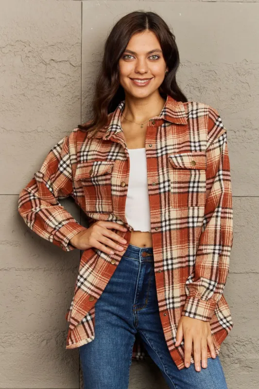 Ninexis Full Size Plaid Collared Neck Button-Down Long Sleeve Jacket sold by Charming Charlie