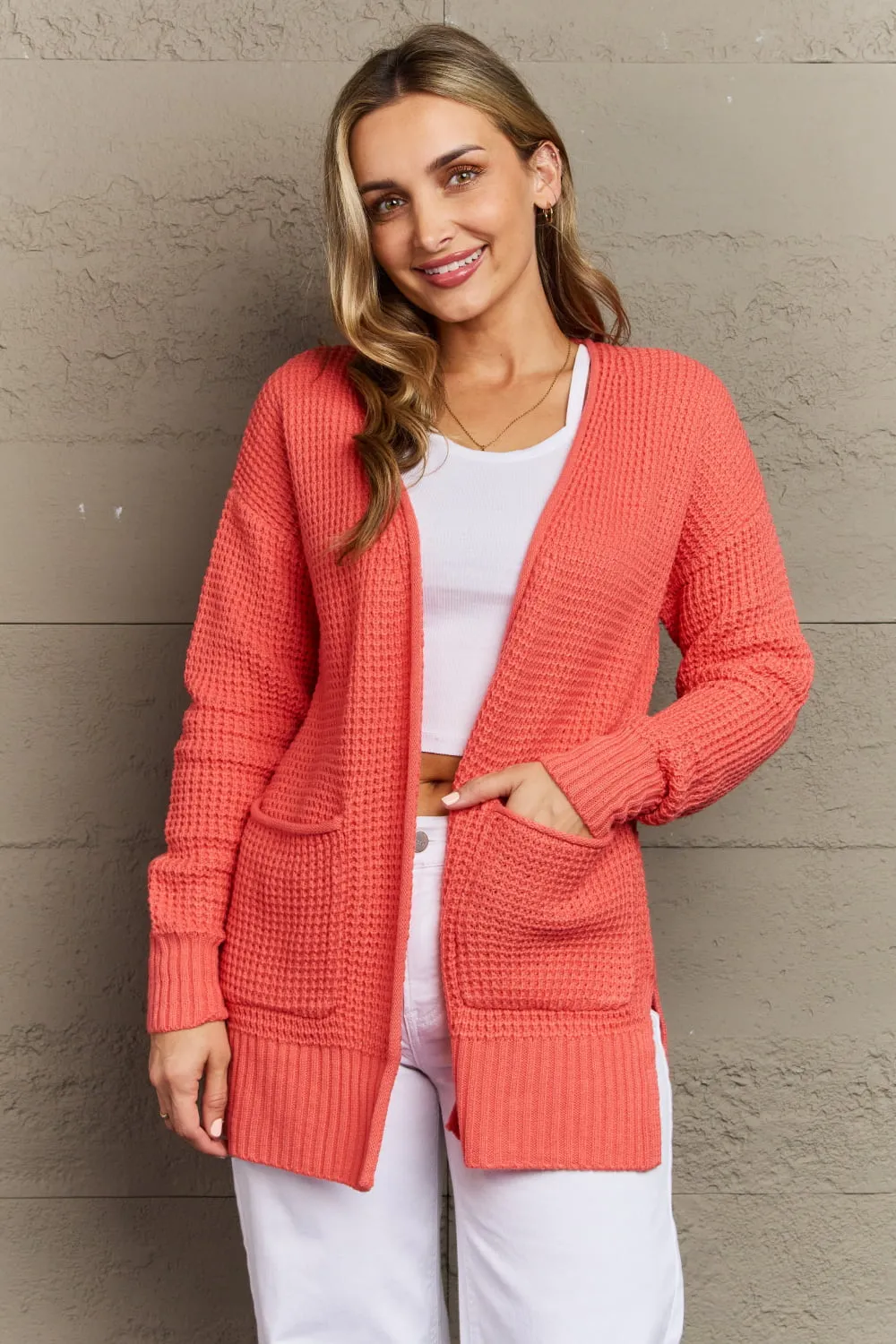 Zenana Bright & Cozy Full Size Waffle Knit Cardigan sold by Charming Charlie