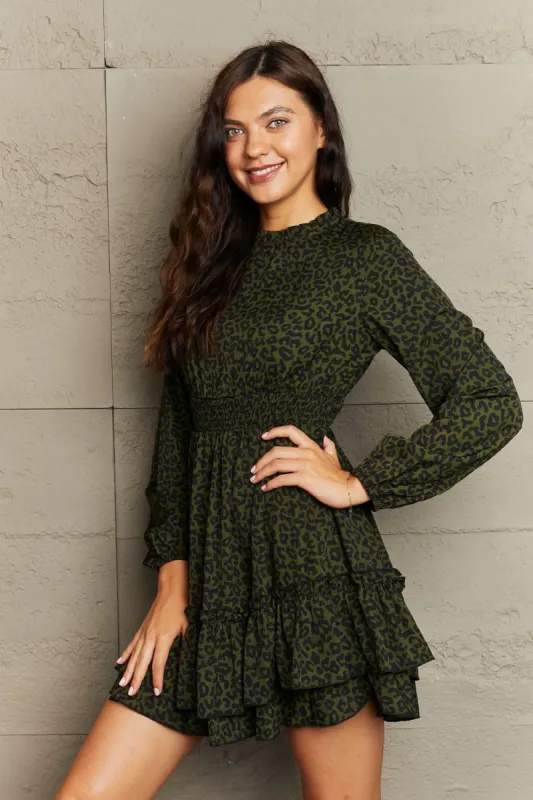 Leopard Smock Waist Long Sleeve Dress sold by Charming Charlie