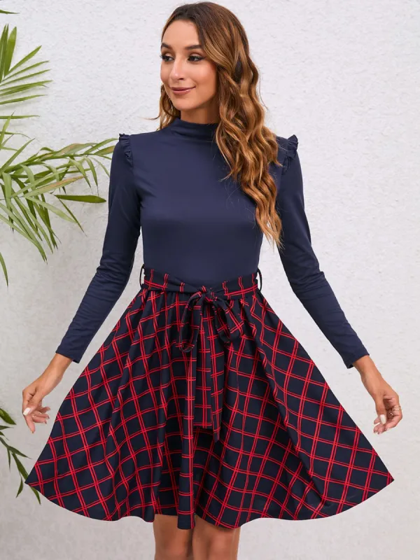 Plaid Tie Waist Ruffle Shoulder Dress sold by Charming Charlie