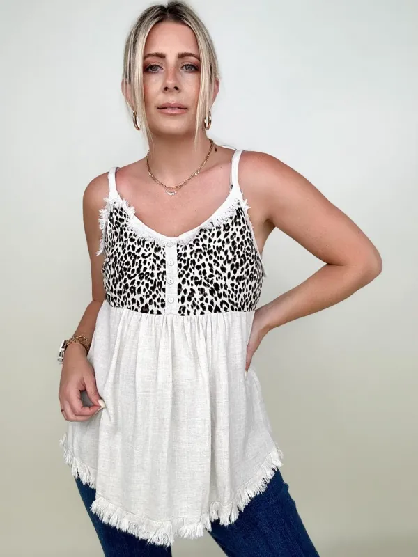 Umgee Animal Print Button Front Detail Spaghetti Strap Top sold by Charming Charlie