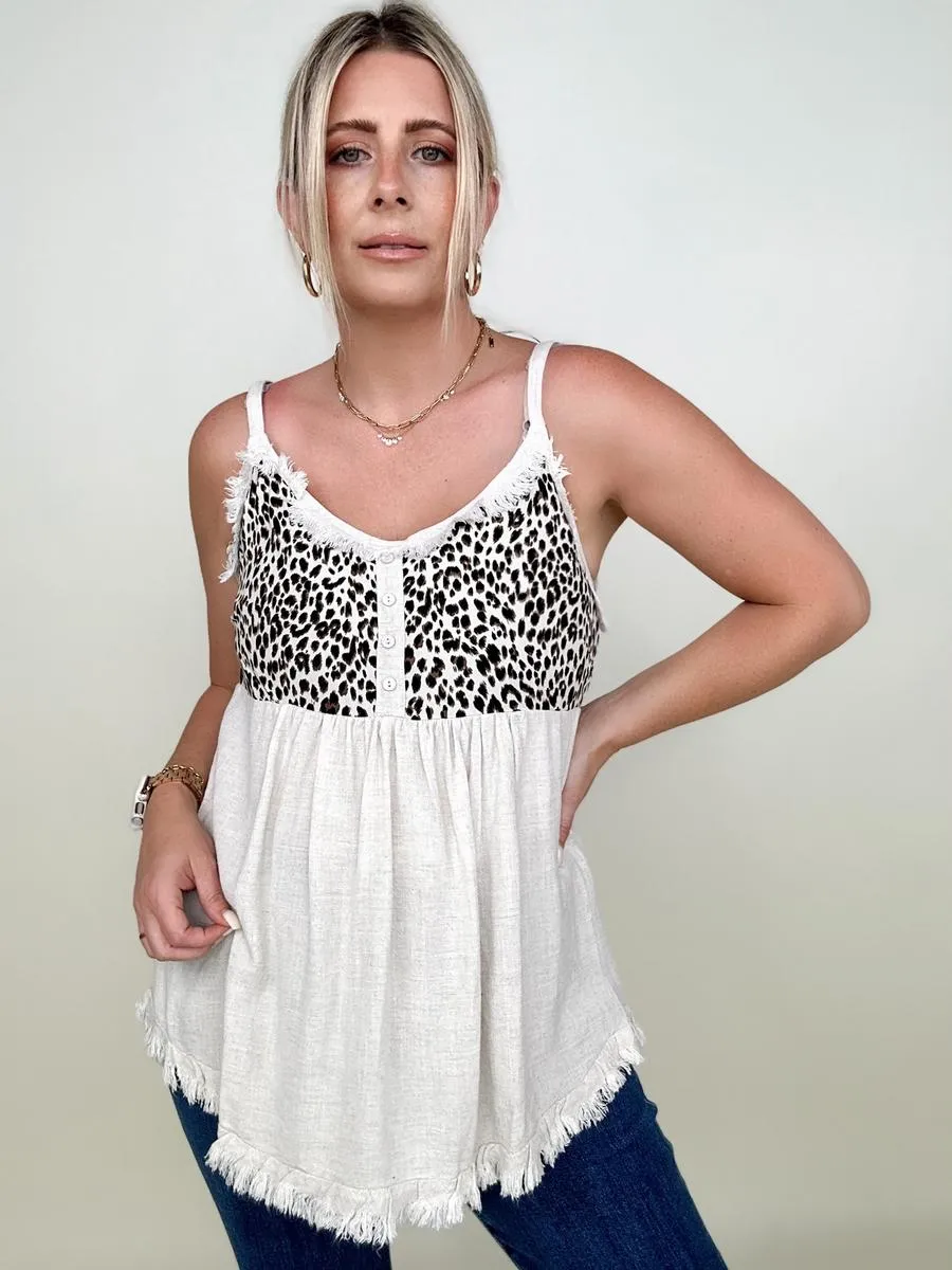 Umgee Animal Print Button Front Detail Spaghetti Strap Top sold by Charming Charlie