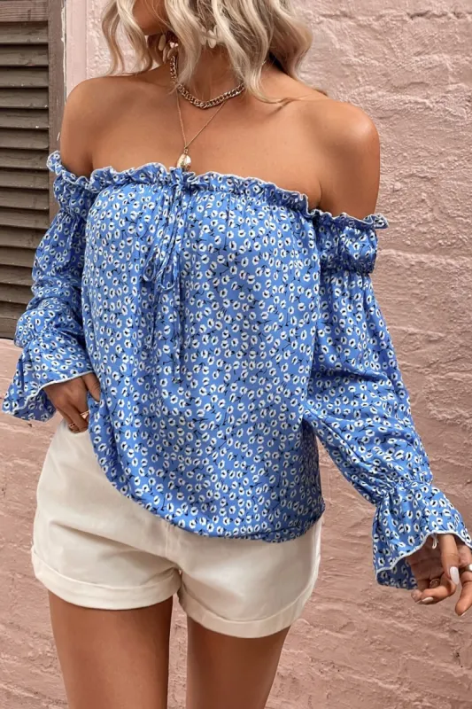 Off Shoulder Printed Frill Trim Blouse sold by Charming Charlie