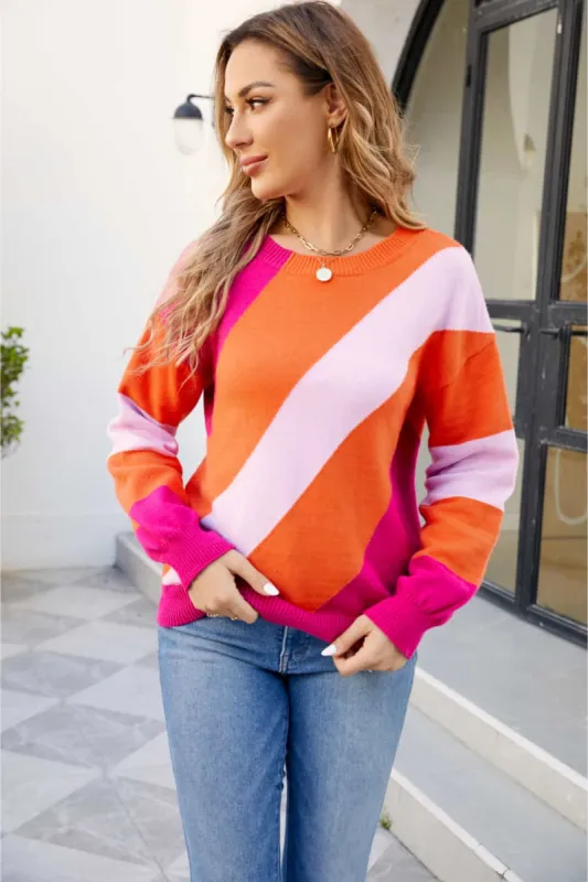 Color Block Ribbed Round Neck Sweater sold by Charming Charlie