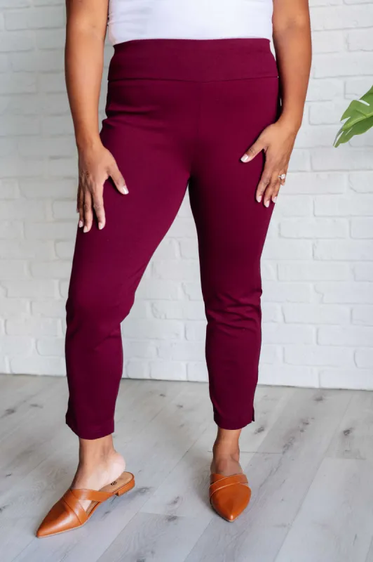 Magic Ankle Crop Skinny Pants in Wine sold by Charming Charlie