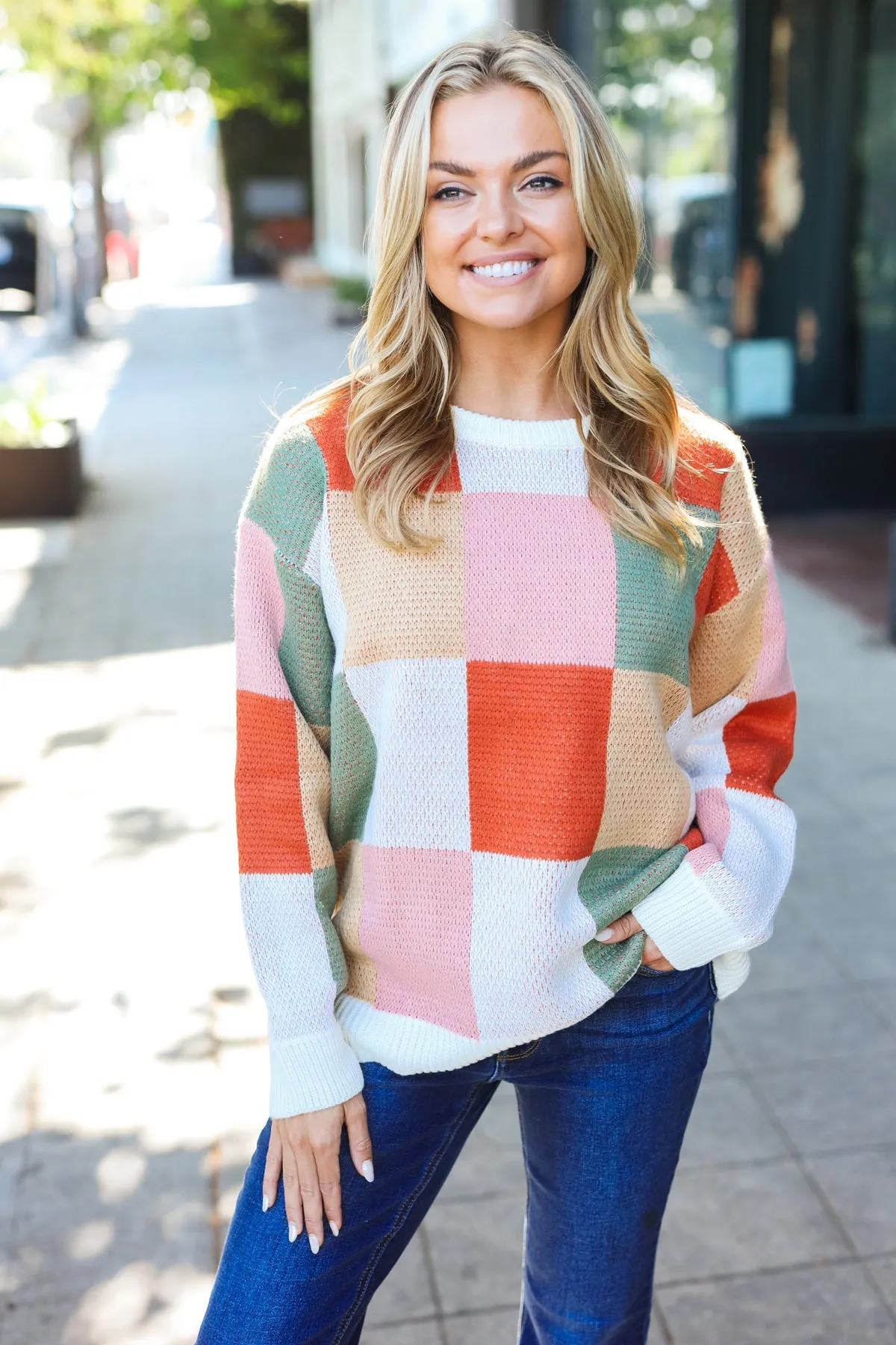 Be Bold Ivory & Rust Checker Jacquard Knit Sweater sold by Charming Charlie product image thumbnail 2