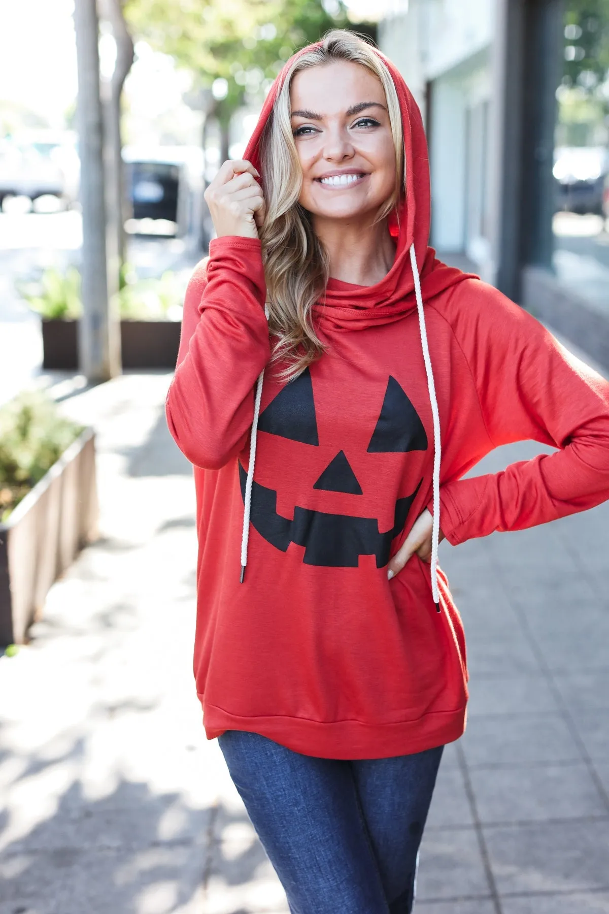 Halloween Jack-O-Lantern Terry Thumb Hole Double Hoodie sold by Charming Charlie product image thumbnail 5