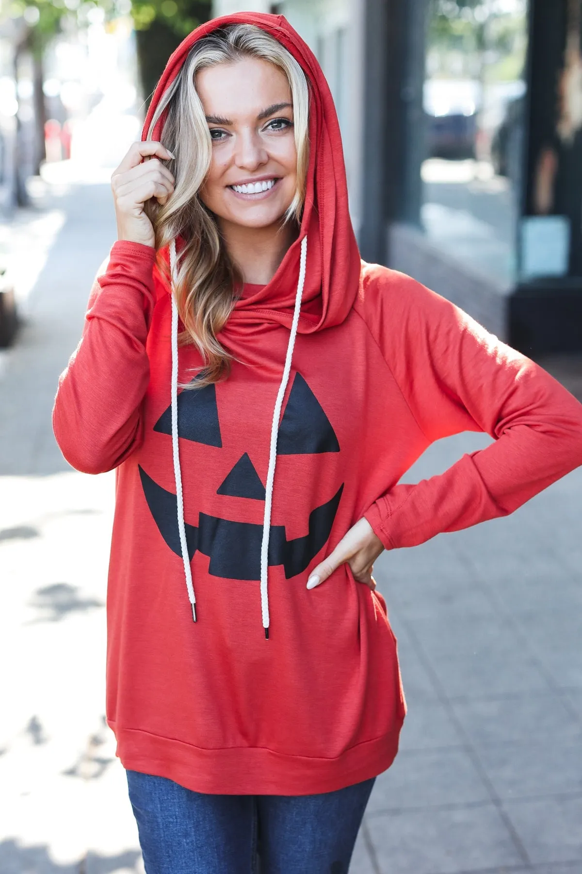 Halloween Jack-O-Lantern Terry Thumb Hole Double Hoodie sold by Charming Charlie product image thumbnail 2