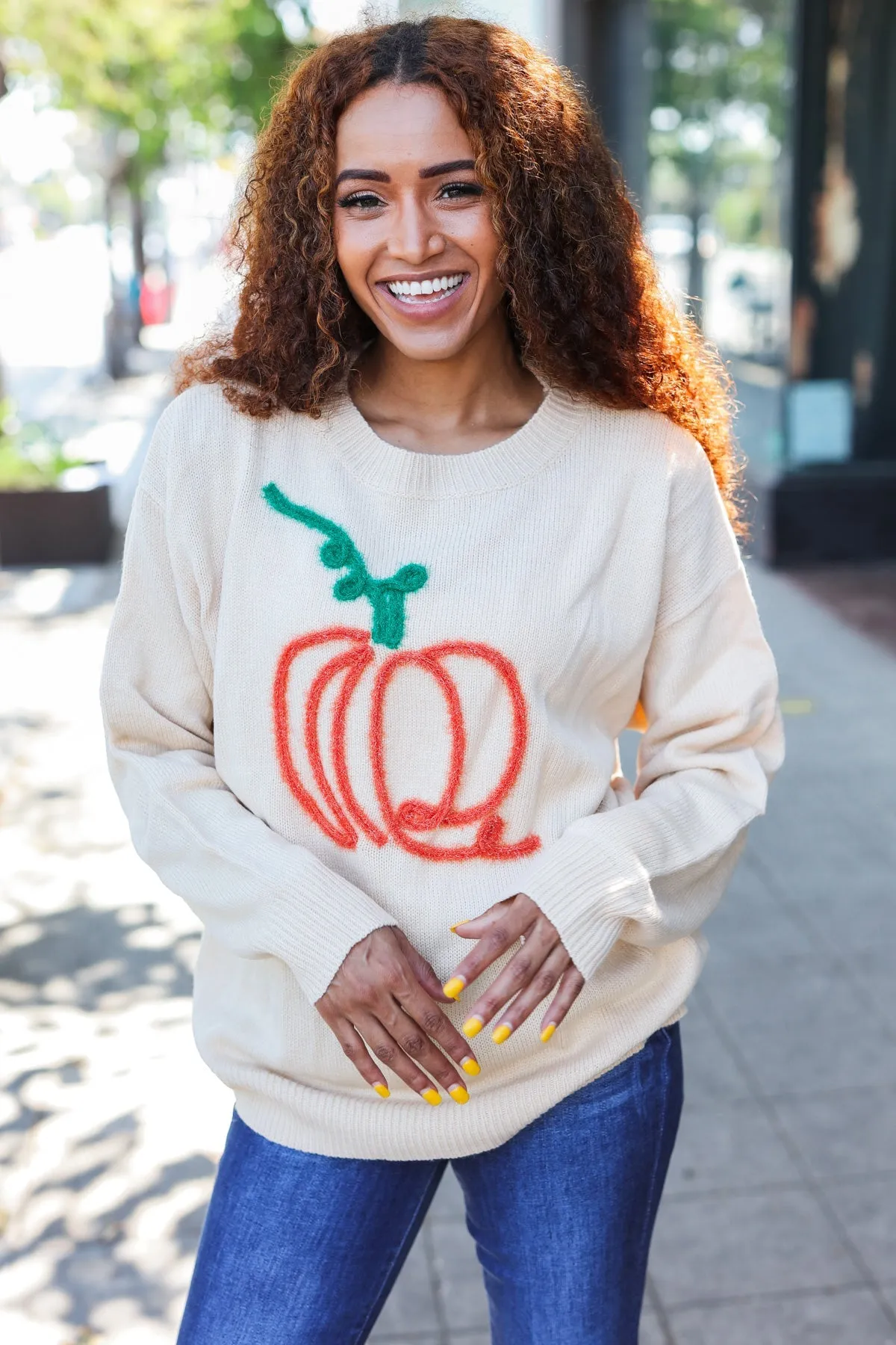 Pumpkin Spice Metallic Yarn Embroidered Oversized Sweater sold by Charming Charlie