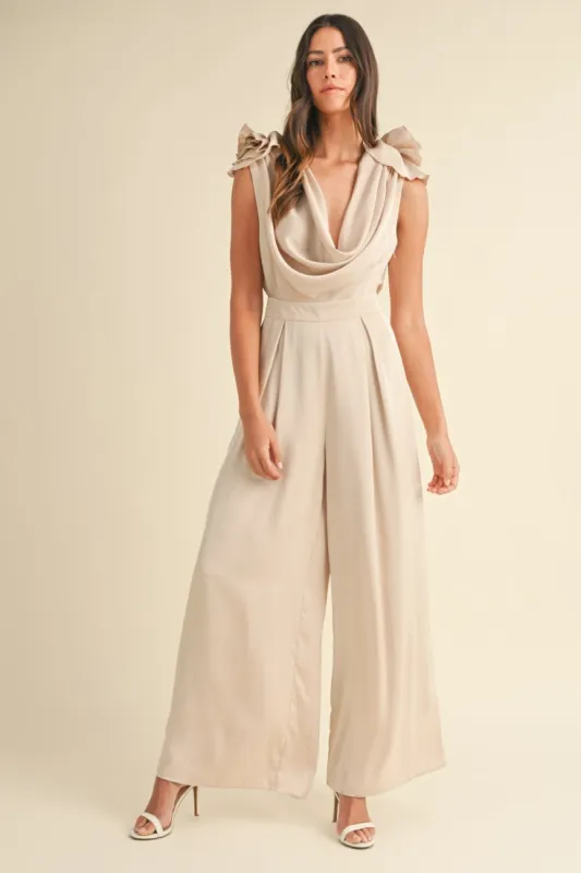 MABLE 3D Floral Applique Deep Cowl Neck Jumpsuit sold by Charming Charlie