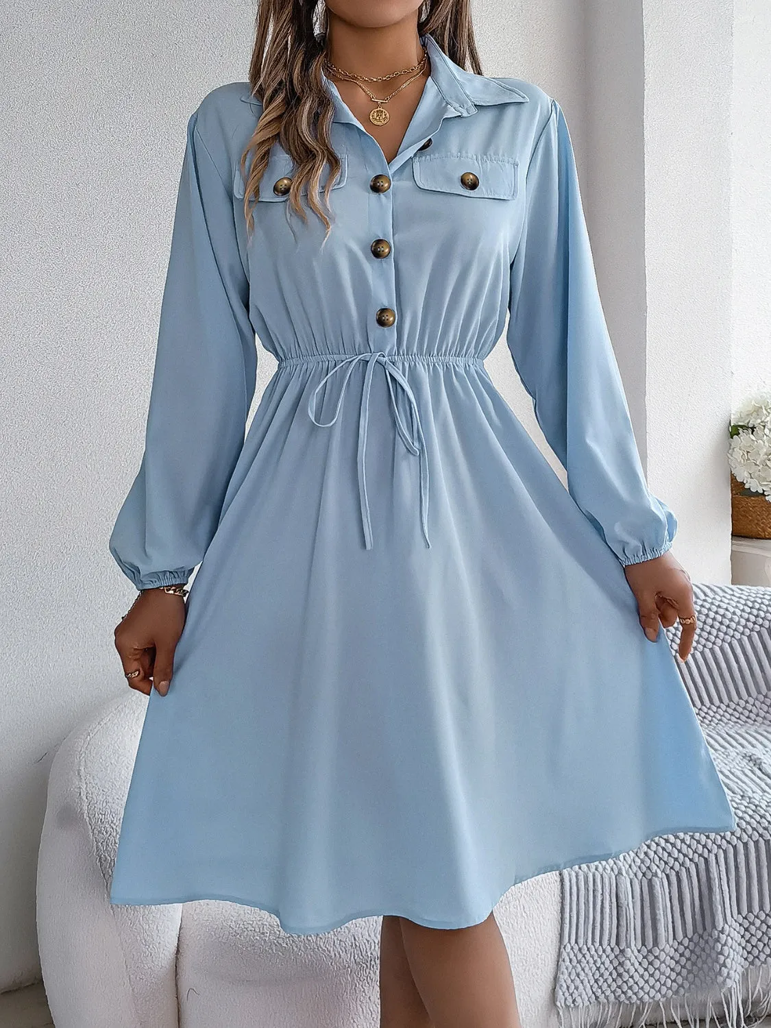 Collared Neck Long Sleeve Dress with Pockets sold by Charming Charlie