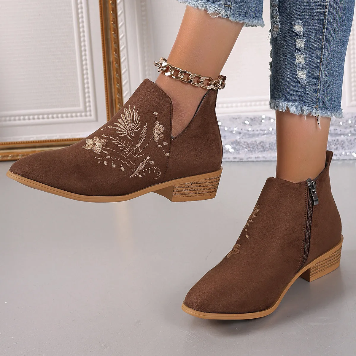 Embroidered Suede Point Toe Block Heel Boots sold by Charming Charlie product image thumbnail 3