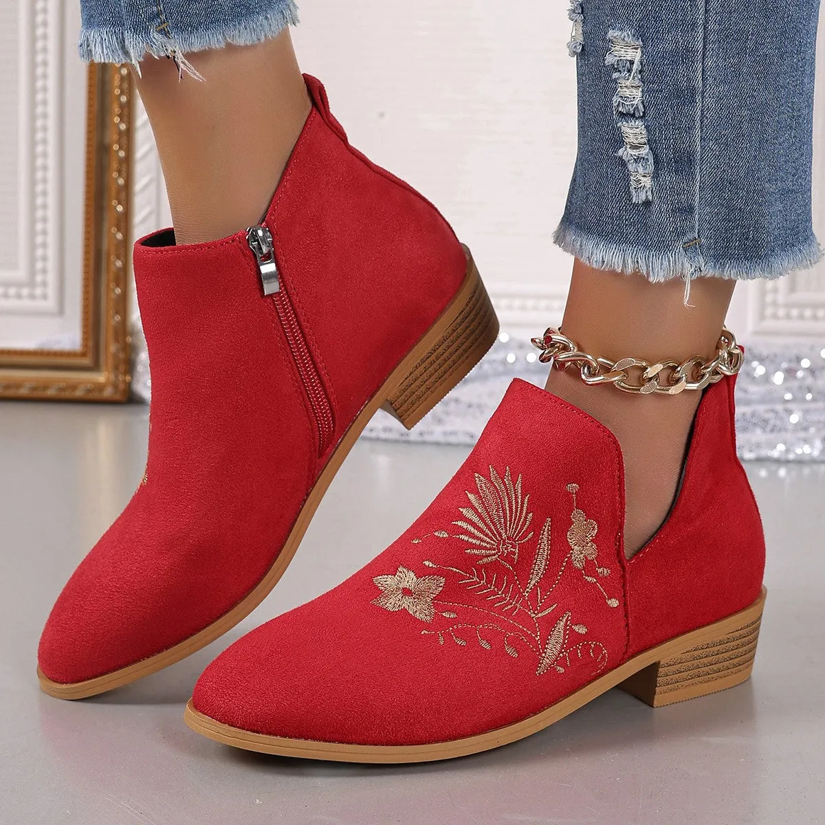 Embroidered Suede Point Toe Block Heel Boots sold by Charming Charlie product image thumbnail 4