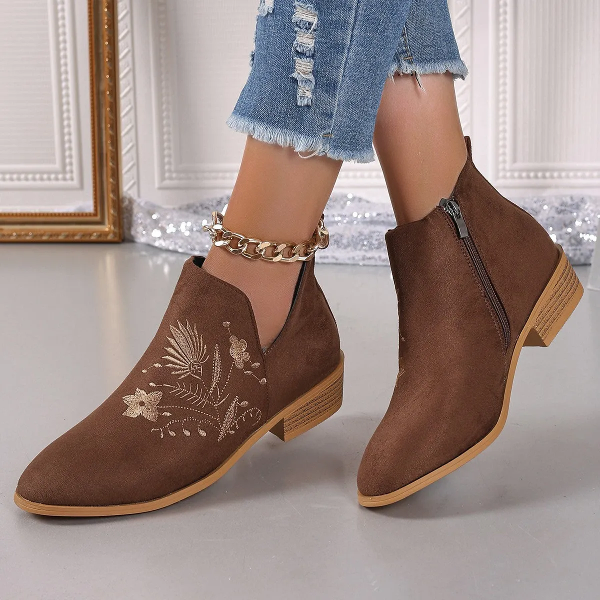 Embroidered Suede Point Toe Block Heel Boots sold by Charming Charlie