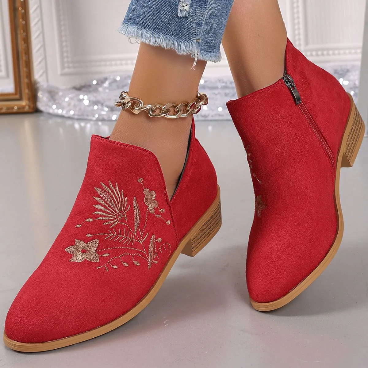 Embroidered Suede Point Toe Block Heel Boots sold by Charming Charlie product image thumbnail 5