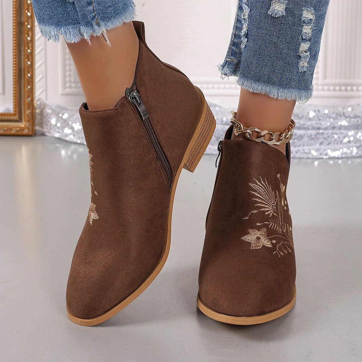 Embroidered Suede Point Toe Block Heel Boots sold by Charming Charlie product image thumbnail 2