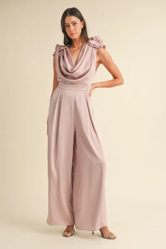 MABLE 3D Floral Applique Deep Cowl Neck Jumpsuit sold by Charming Charlie