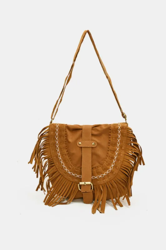 Suede Fringe Wide Strap Shoulder Bag sold by Charming Charlie
