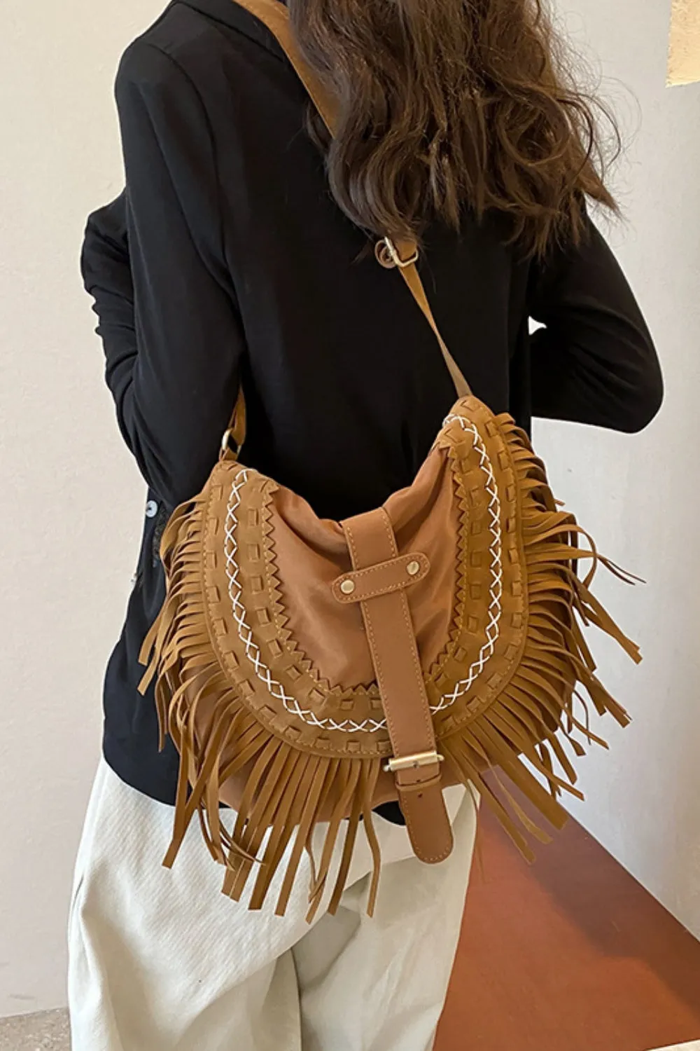 Suede Fringe Wide Strap Shoulder Bag sold by Charming Charlie product image thumbnail 2