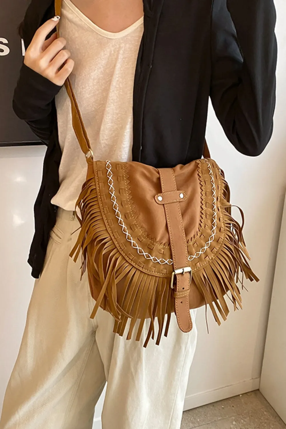 Suede Fringe Wide Strap Shoulder Bag sold by Charming Charlie product image thumbnail 3
