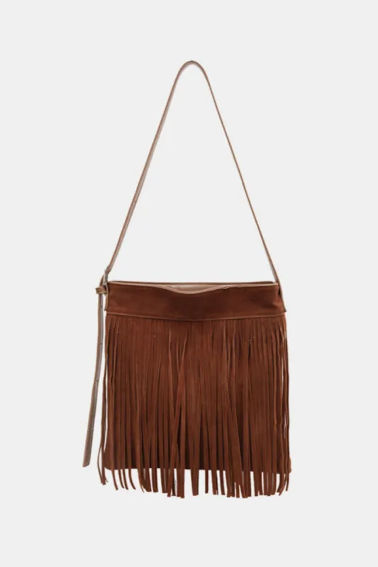 Suede Fringe Adjustable Strap Shoulder Bag sold by Charming Charlie
