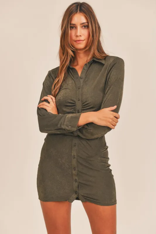 MABLE Front Ruched Button-Down Skinny Mini Shirt Dress sold by Charming Charlie