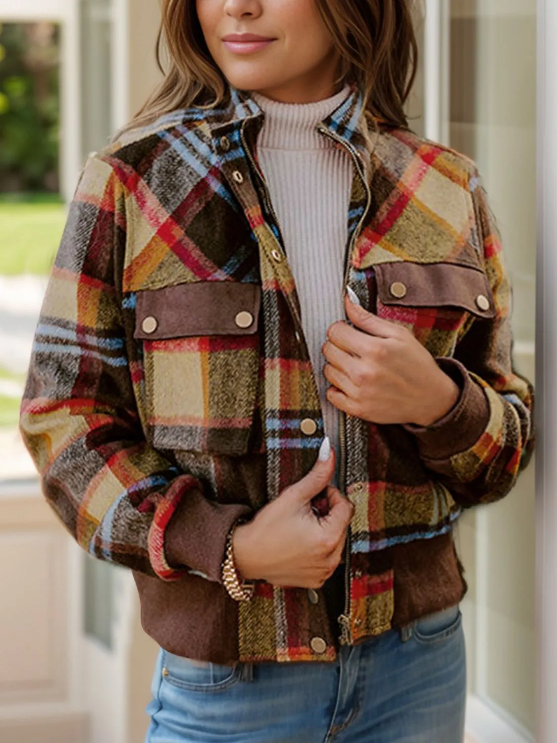 Pocketed Plaid Long Sleeve Jacket sold by Charming Charlie