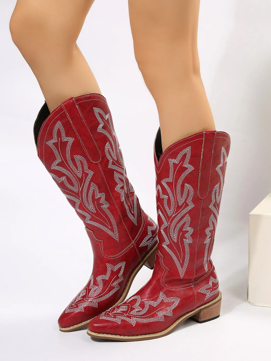 PU Leather Embroidered Geometric Point Toe Boots sold by Charming Charlie product image thumbnail 2