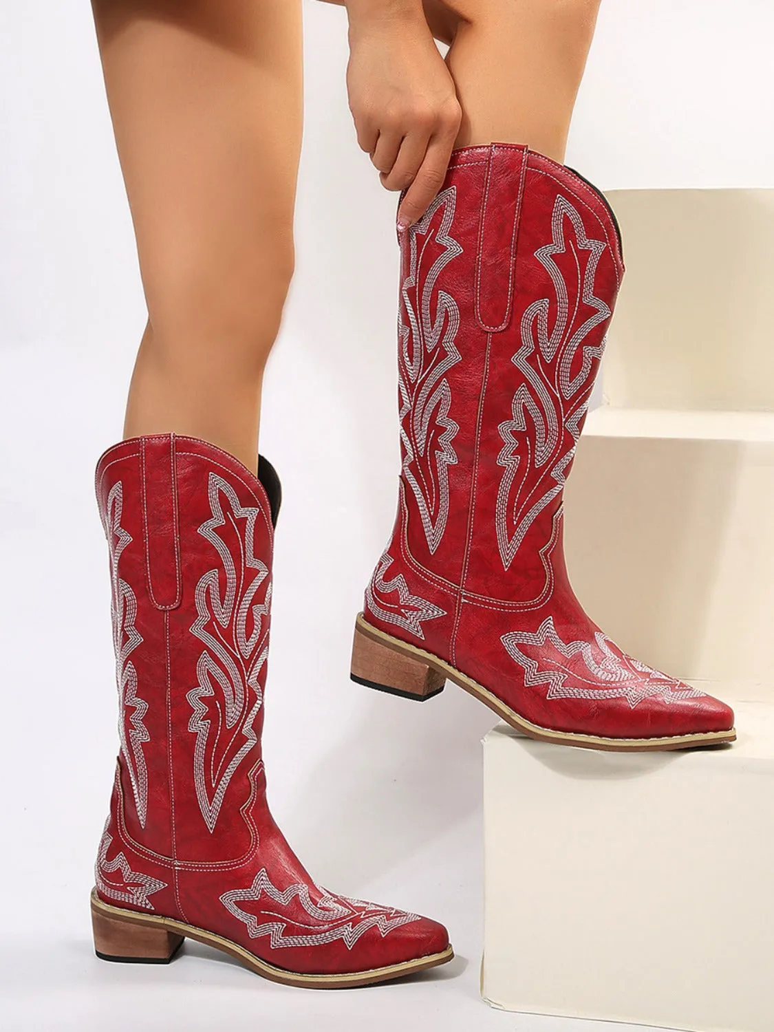 PU Leather Embroidered Geometric Point Toe Boots sold by Charming Charlie product image thumbnail 4