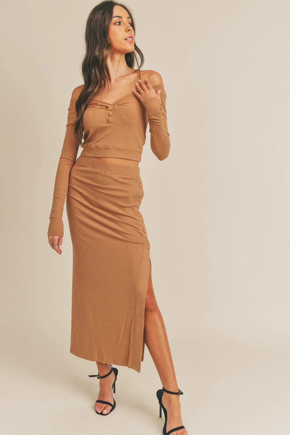 MABLE Button Detail Crop Top and Slit Midi Skirt Set sold by Charming Charlie product image thumbnail 3