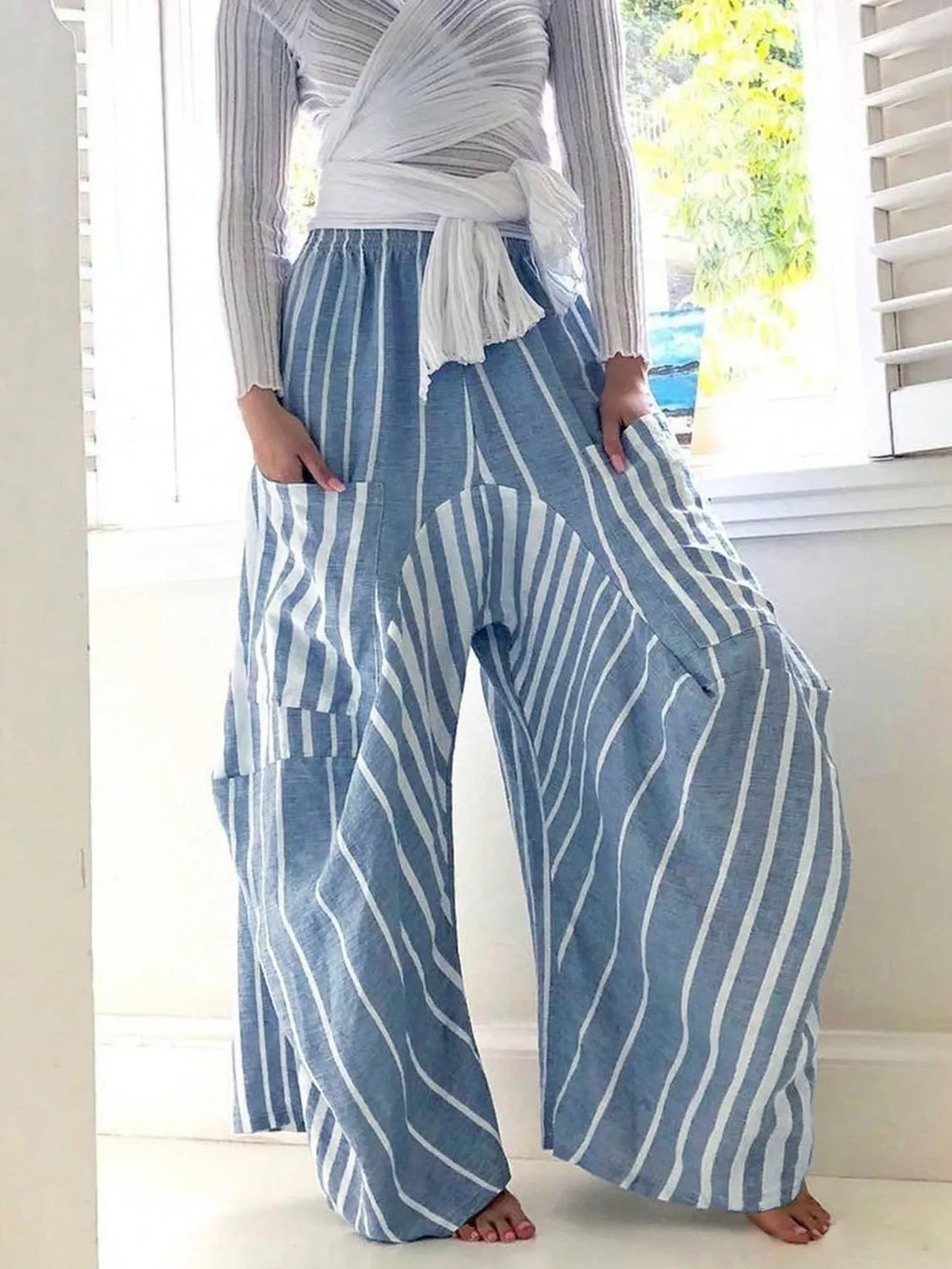 Striped Elastic Waist Wide Leg Pants sold by Charming Charlie