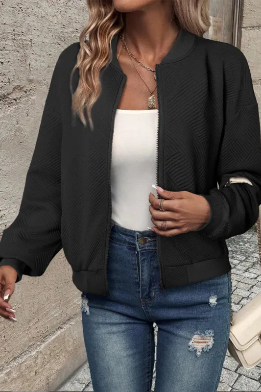 Textured Zip Up Baseball Collar Jacket sold by Charming Charlie
