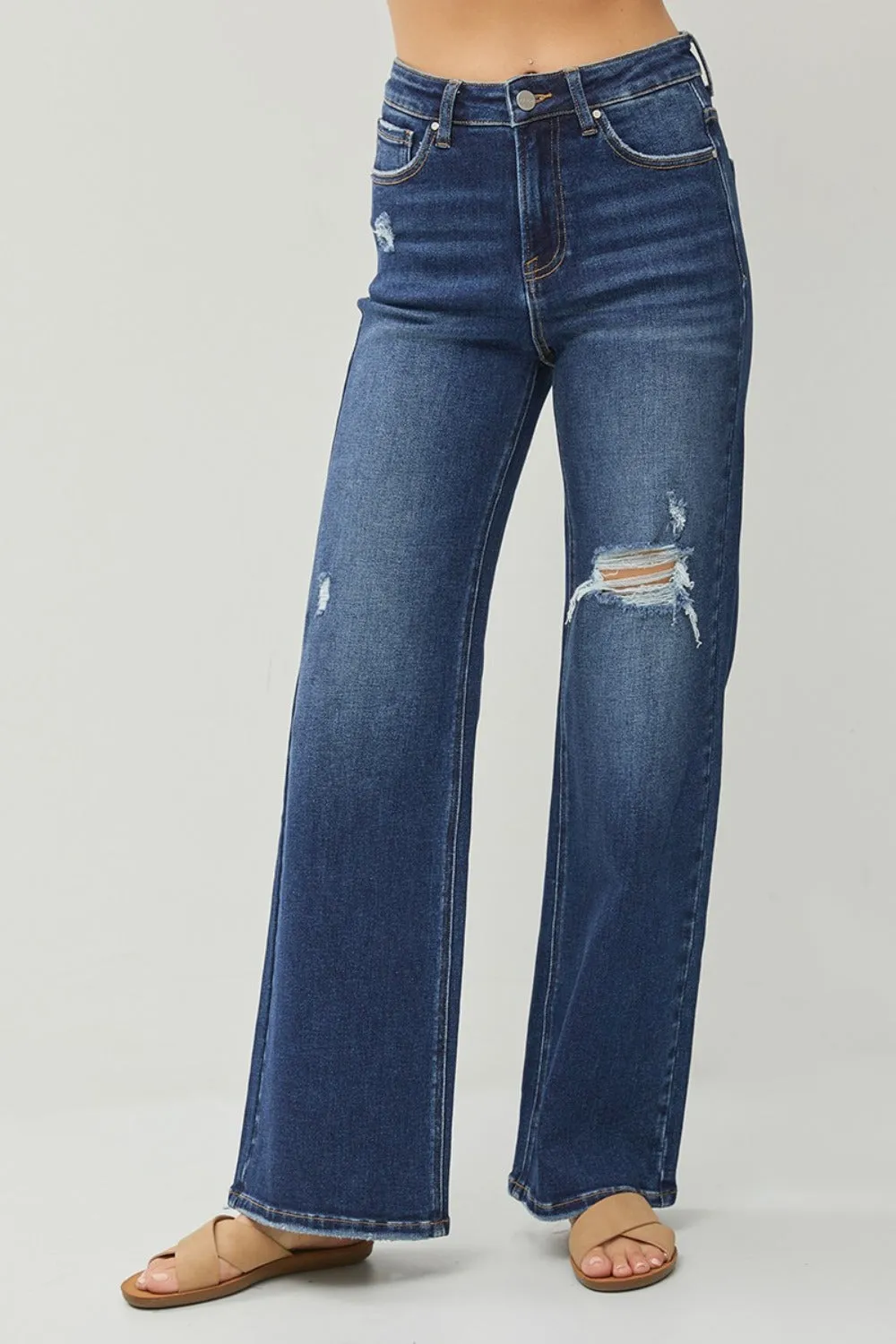 RISEN Full Size High Rise Distressed Wide Leg Jeans sold by Charming Charlie