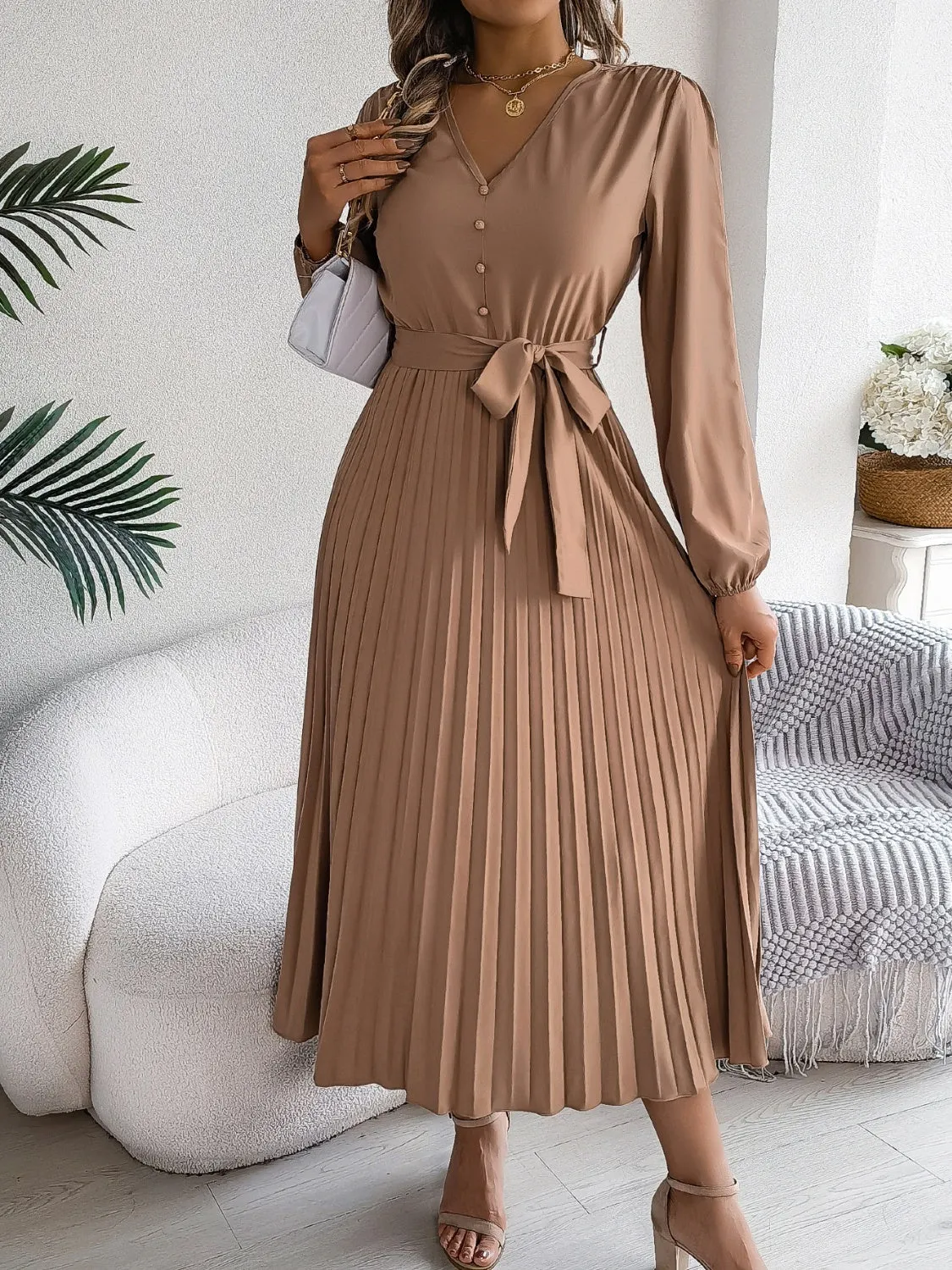 Pleated Tied V-Neck Long Sleeve Dress sold by Charming Charlie product image thumbnail 5