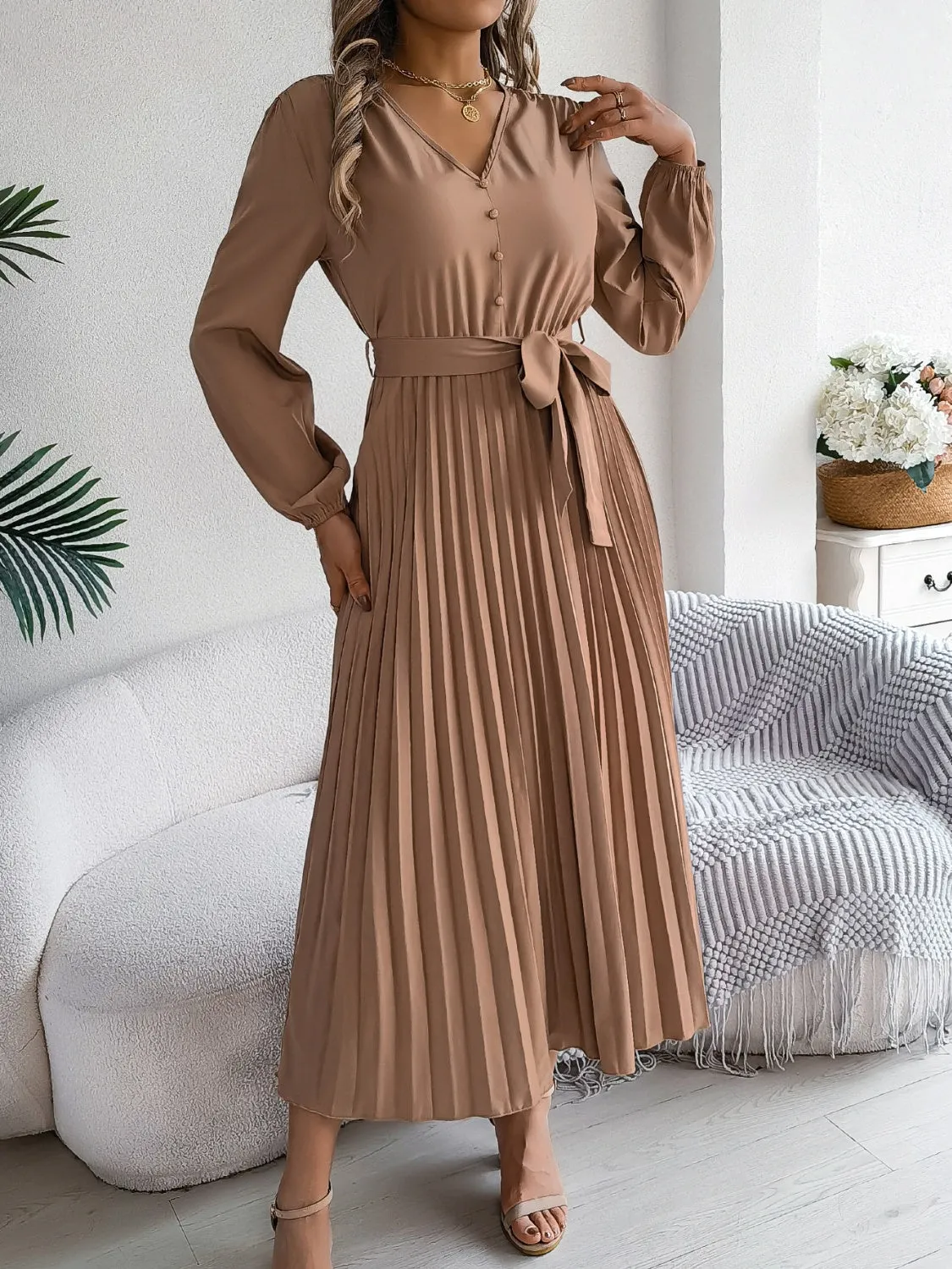 Pleated Tied V-Neck Long Sleeve Dress sold by Charming Charlie product image thumbnail 3