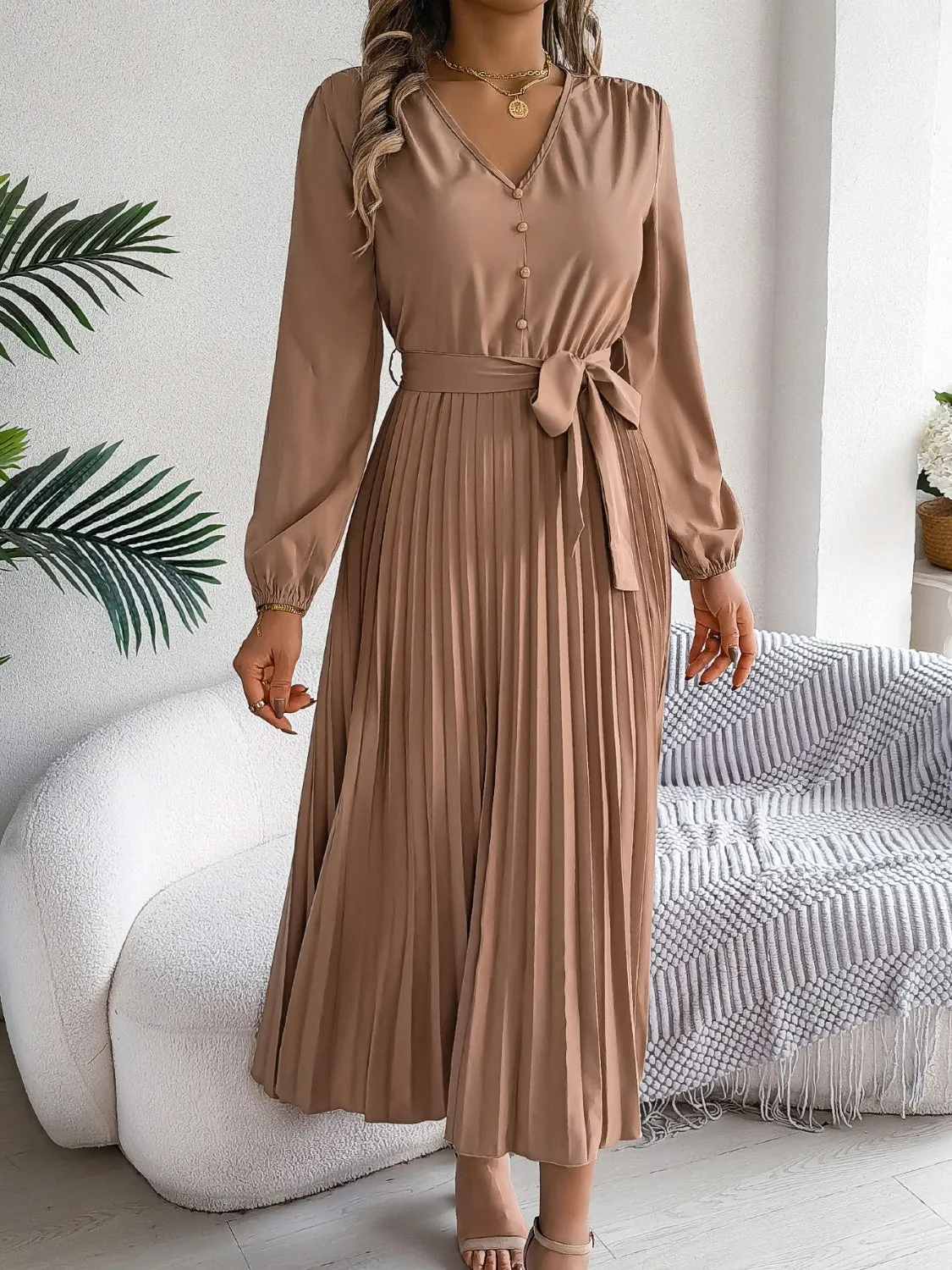 Pleated Tied V-Neck Long Sleeve Dress sold by Charming Charlie product image thumbnail 4