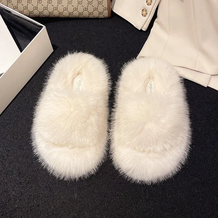 Fuzzy Open Toe Platform Slippers sold by Charming Charlie