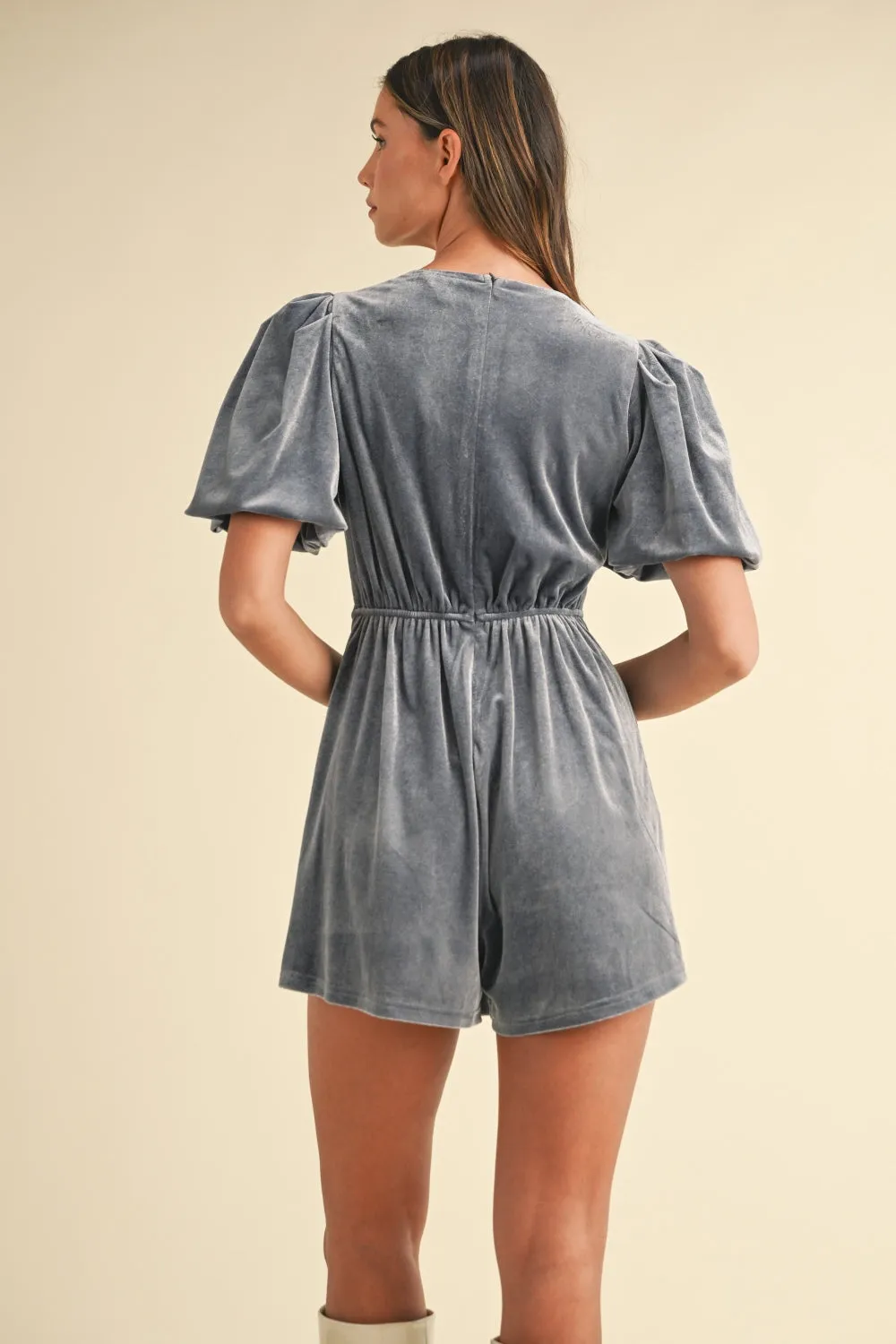 Mable Jewel Bow Decor Puff Sleeve Velvet Romper sold by Charming Charlie product image thumbnail 2