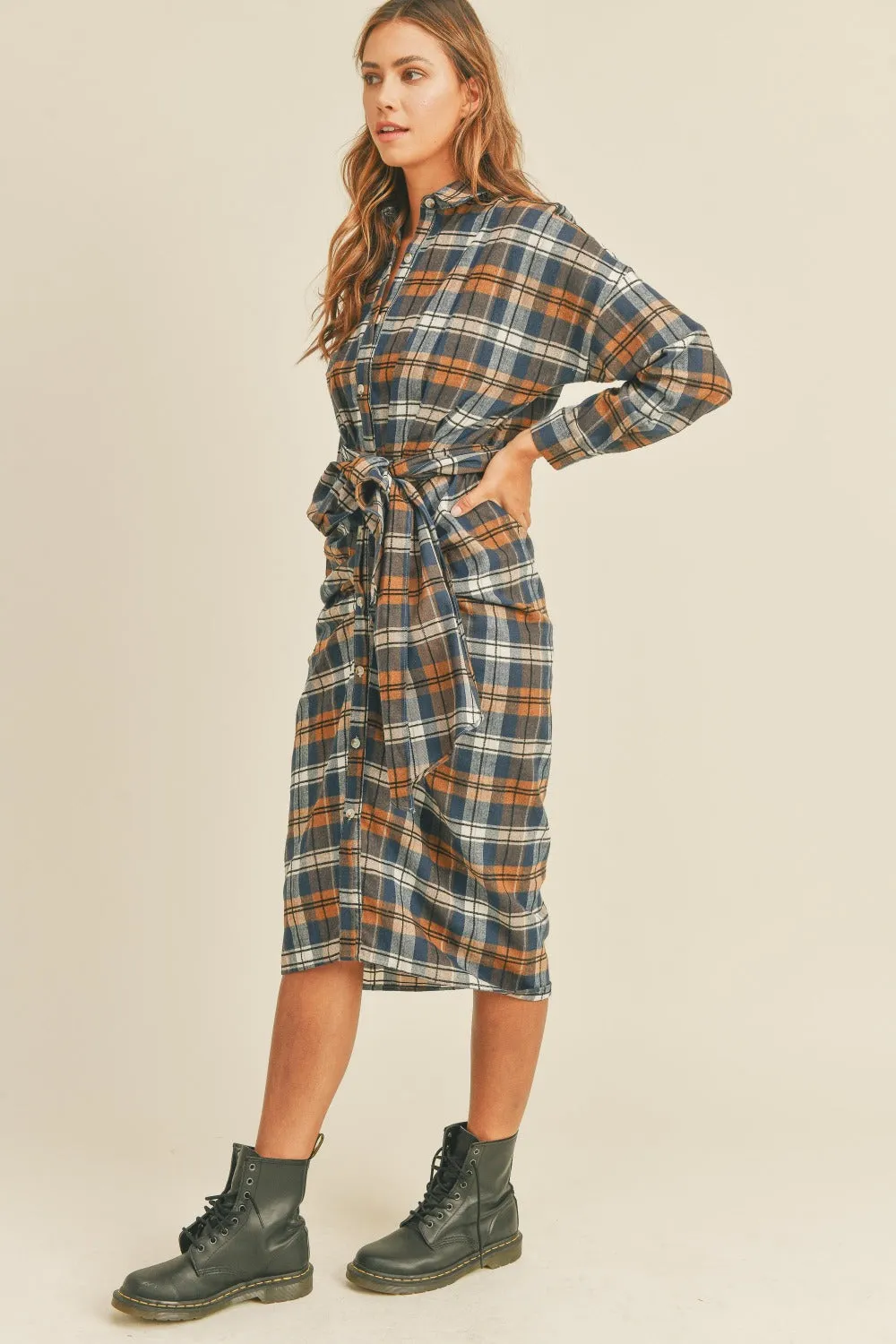 Mable Plaid Flannel Front Tie Button Down Shirt Dress sold by Charming Charlie product image thumbnail 3