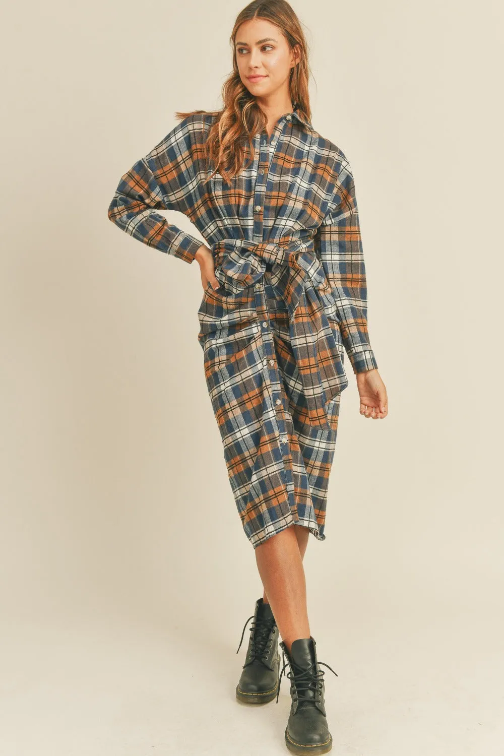 Mable Plaid Flannel Front Tie Button Down Shirt Dress sold by Charming Charlie product image thumbnail 4