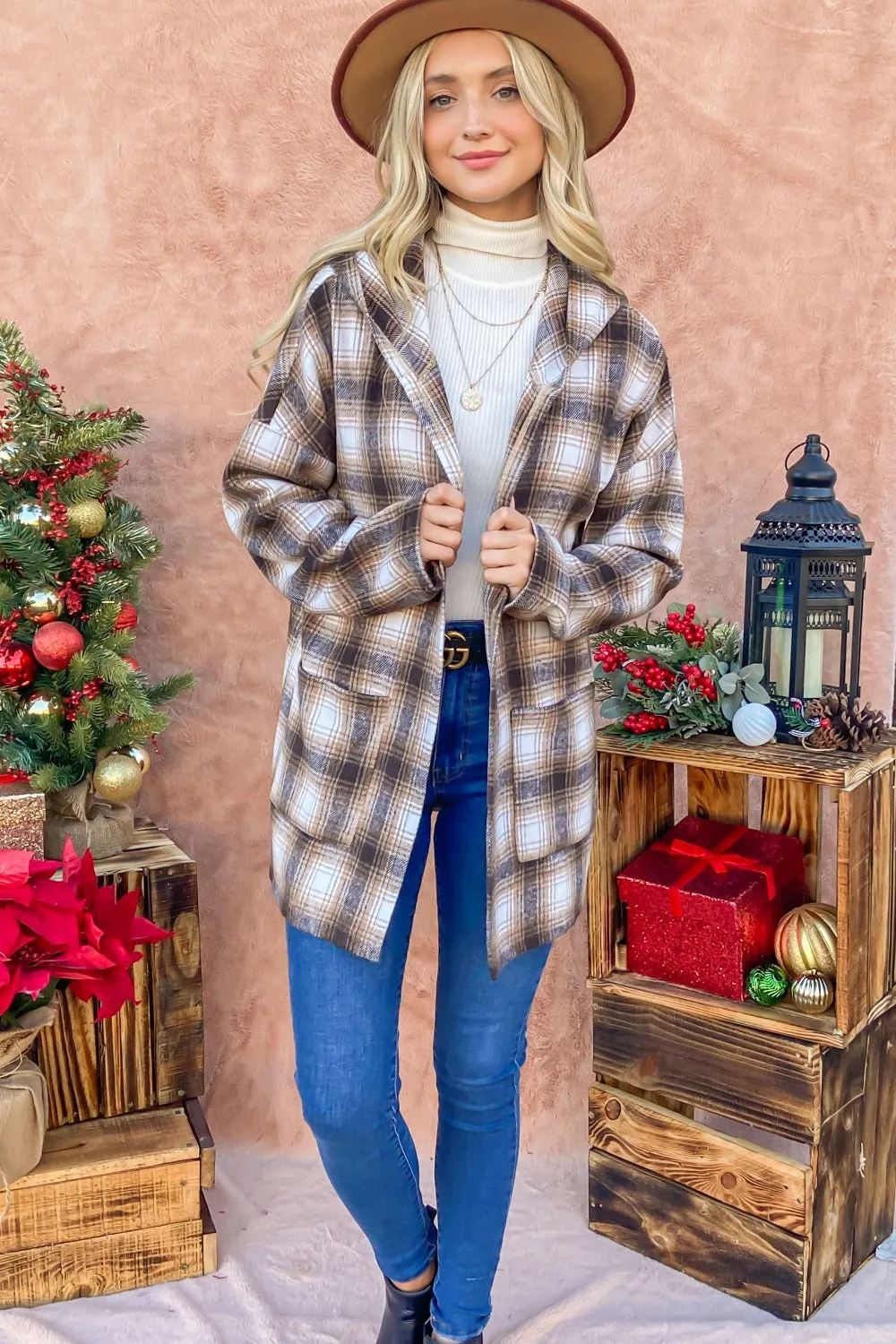 And The Why Plaid Open Front Hooded Shacket sold by Charming Charlie product image thumbnail 5