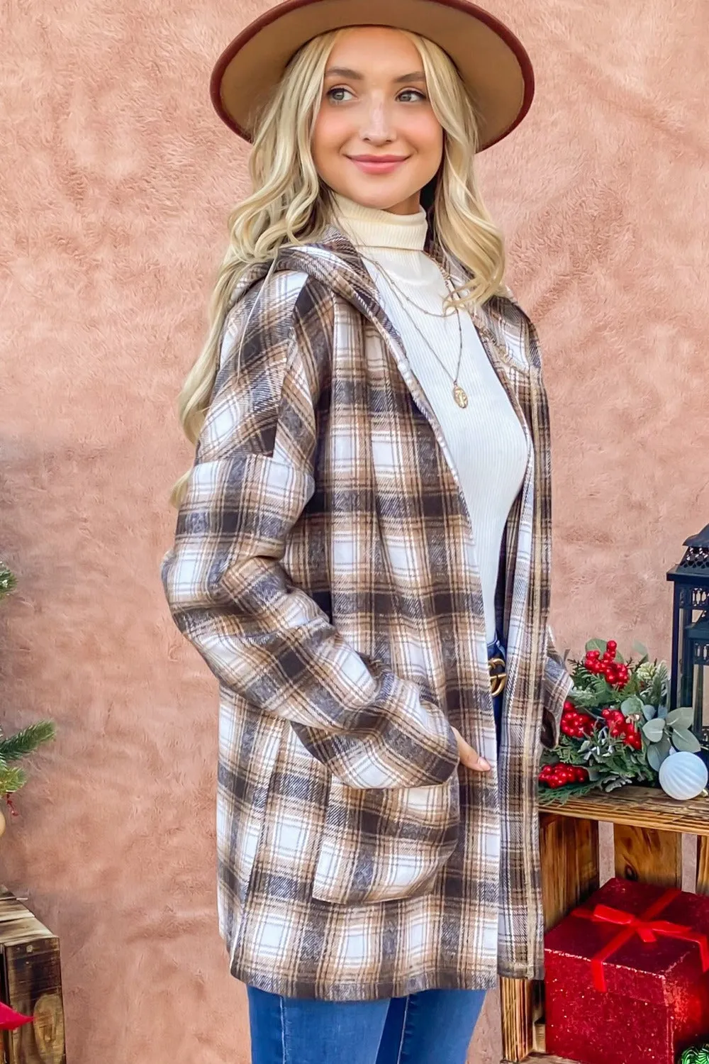And The Why Plaid Open Front Hooded Shacket sold by Charming Charlie product image thumbnail 2