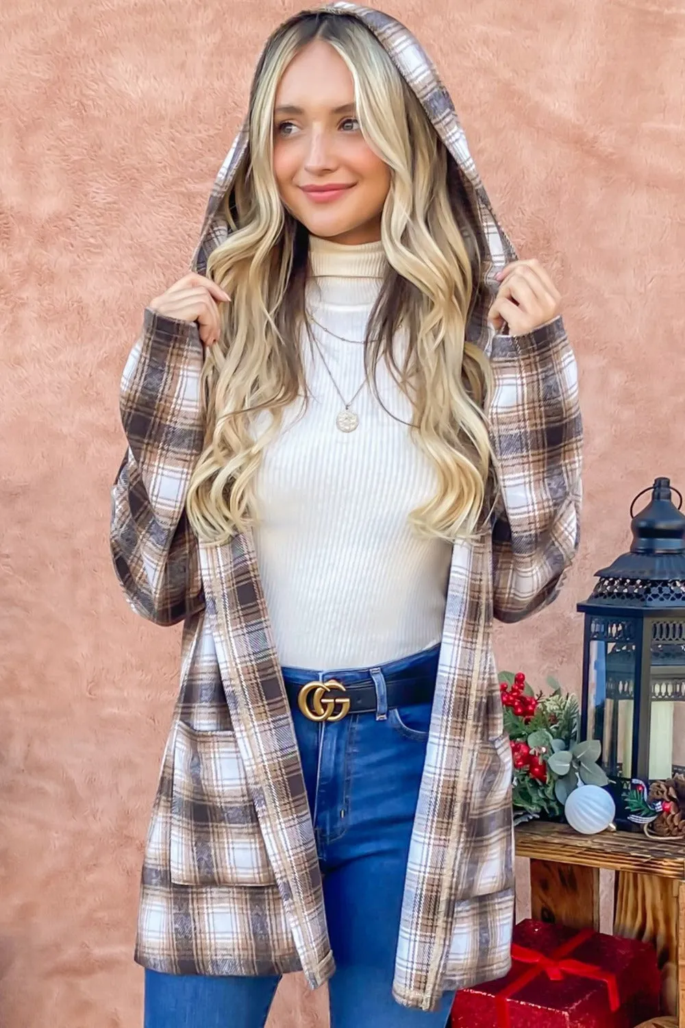 And The Why Plaid Open Front Hooded Shacket sold by Charming Charlie product image thumbnail 4