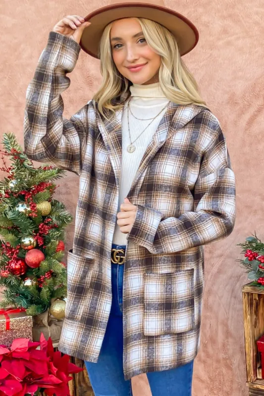 And The Why Plaid Open Front Hooded Shacket sold by Charming Charlie